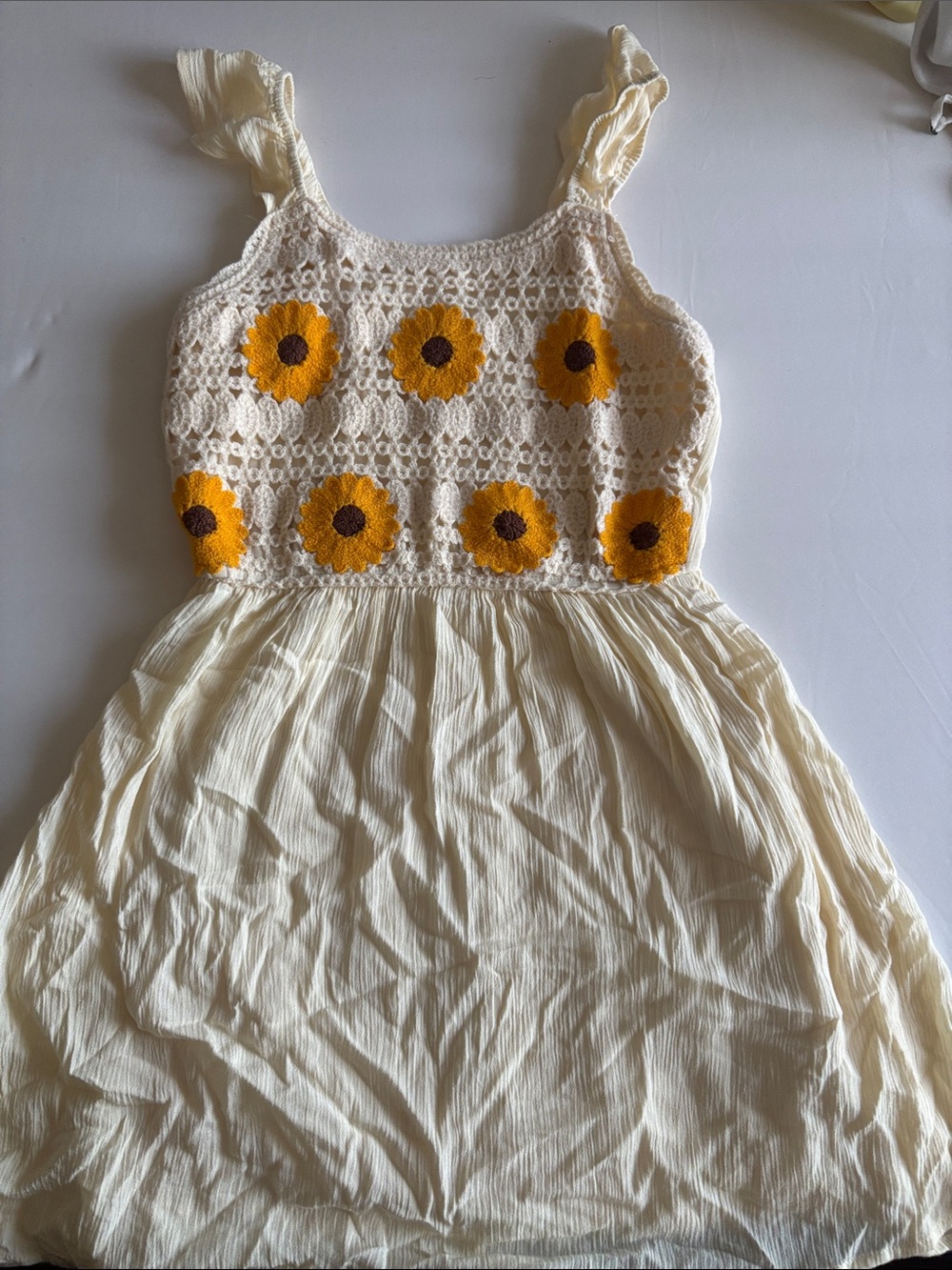 Cream Crochet Sunflower Tank Dress for Girls